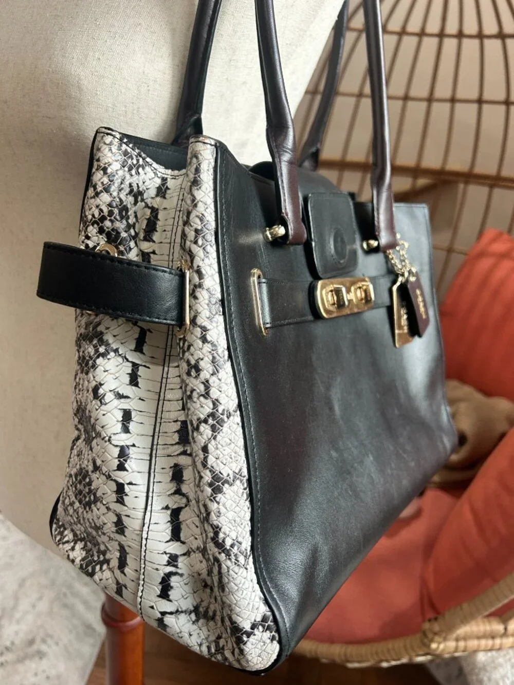Coach Swagger Carryall in black leather with snakeskin-embossed side panel